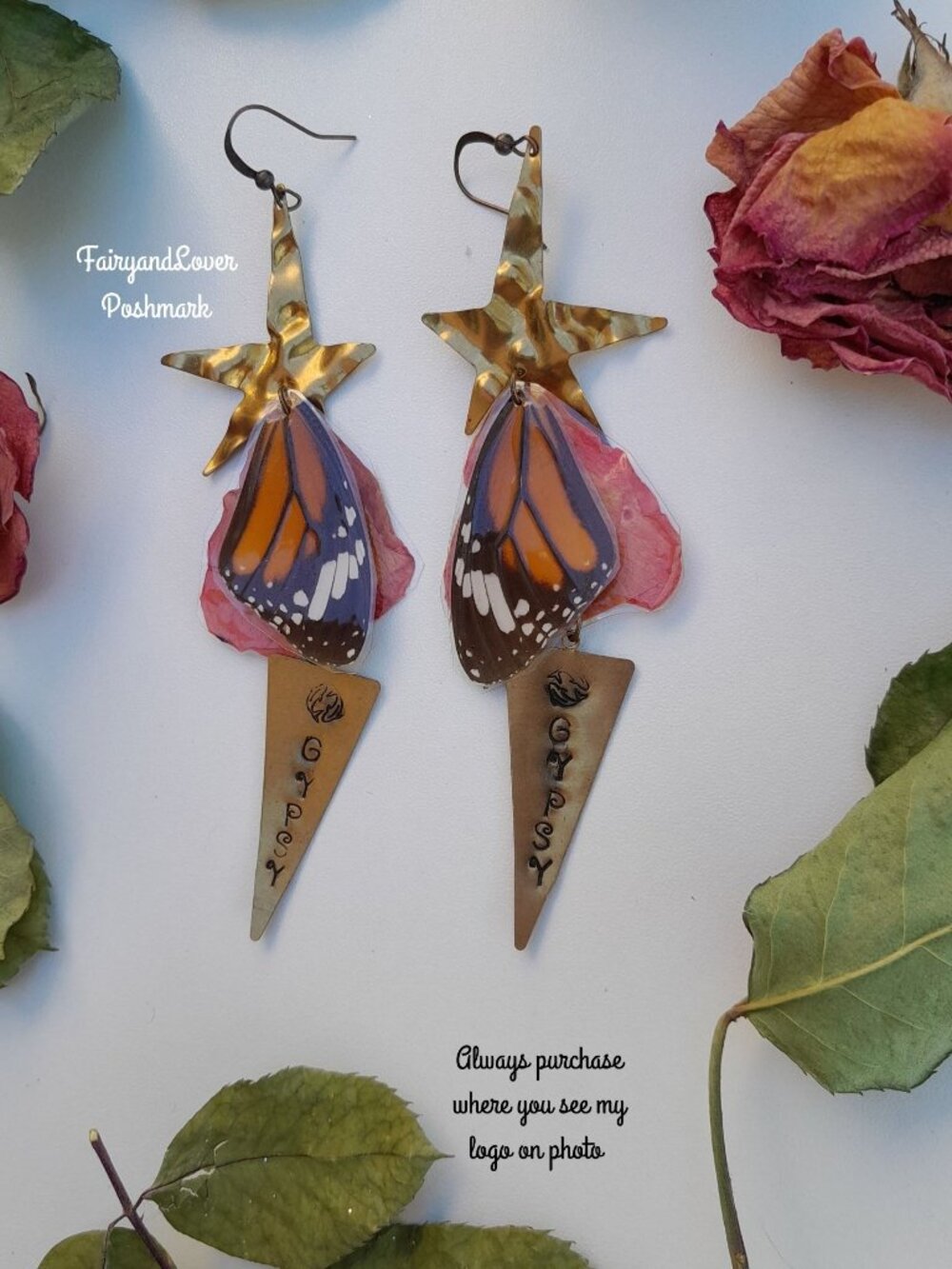 Real Butterfly wing Monarch rose earrings, fairy costume cosplay accessory gift